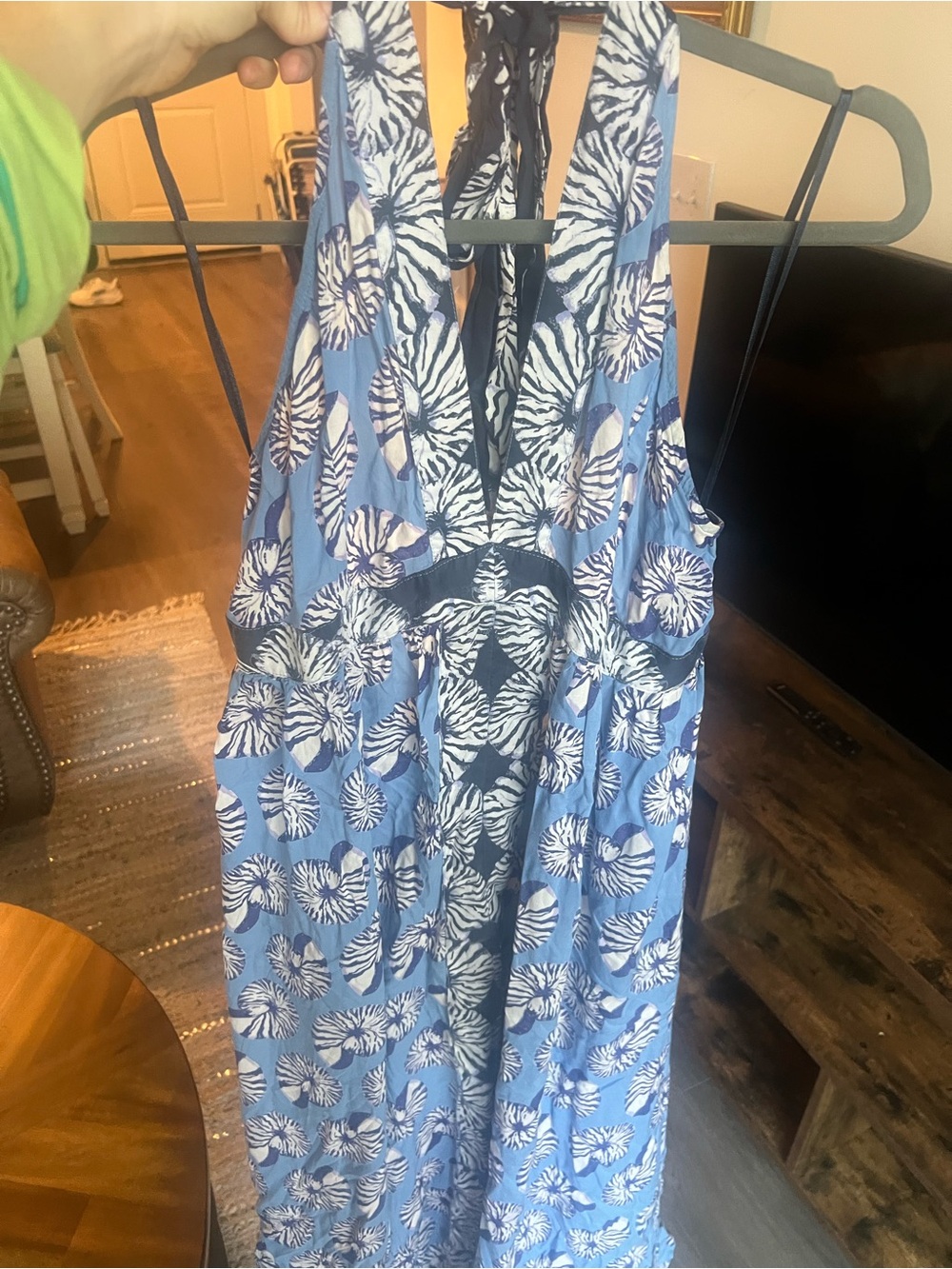 Anthropologie Blue and White Shell Maxi Halter Dress Size Medium